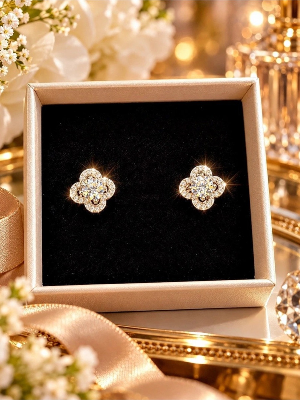 Floral Crystal Stud Earrings in Gold & Silver Like New 1ct moissinate 6.5mm D co
